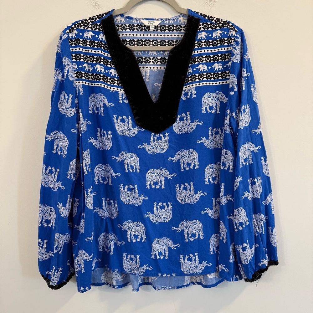 Crown & Ivy Blue Elephant Print Blouse